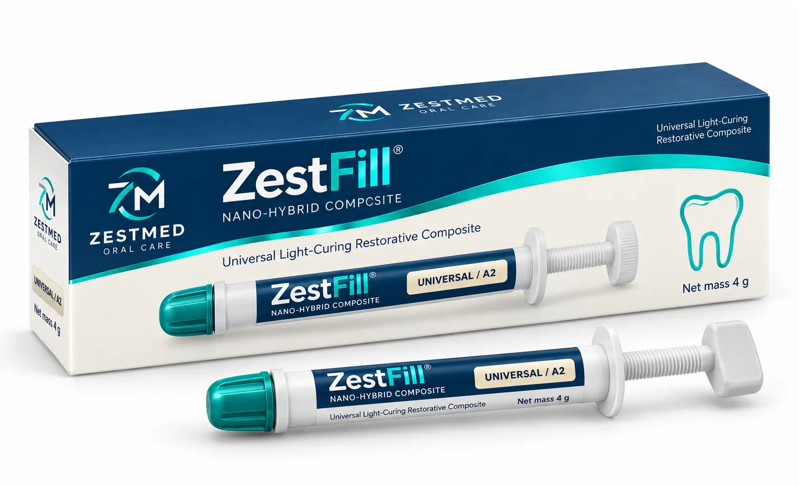 ZestFill composite syringe beside its upright carton